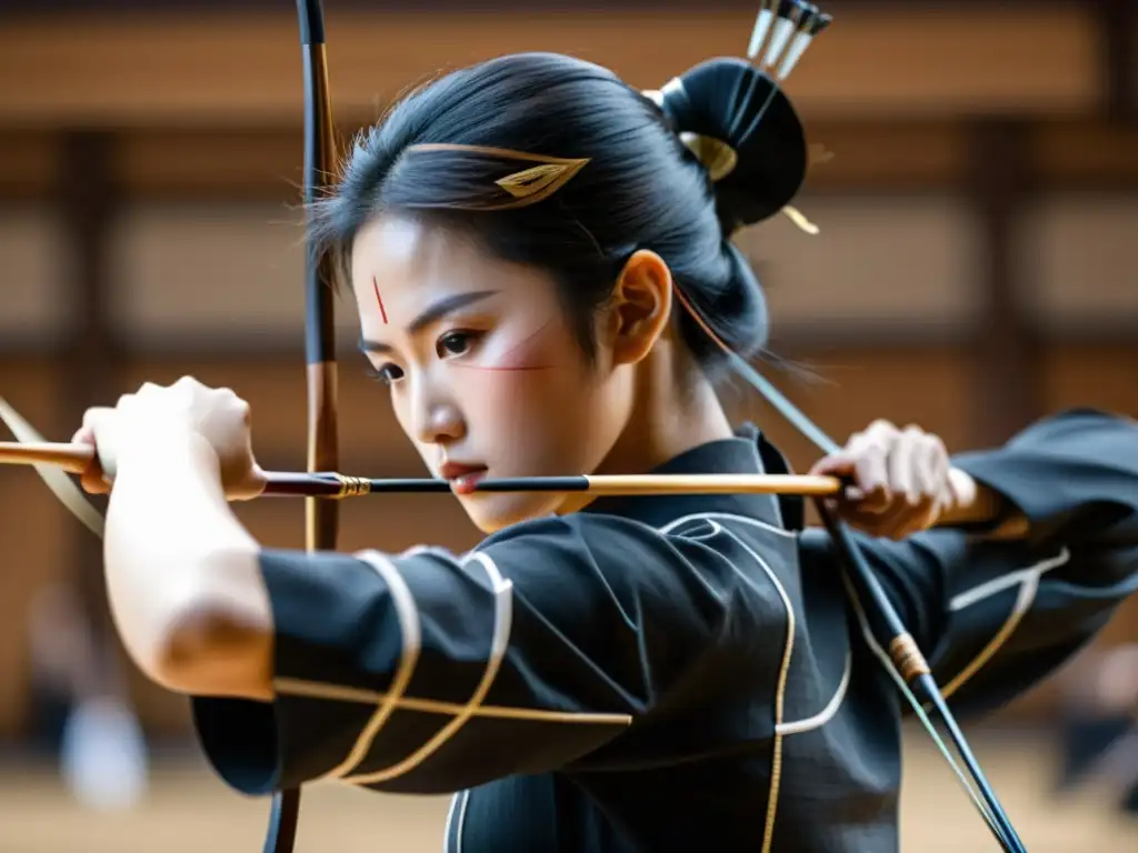 Un arquero de Kyudo concentra la flecha con disciplina, en un entorno sereno que evoca los rituales espirituales de arquería samurái