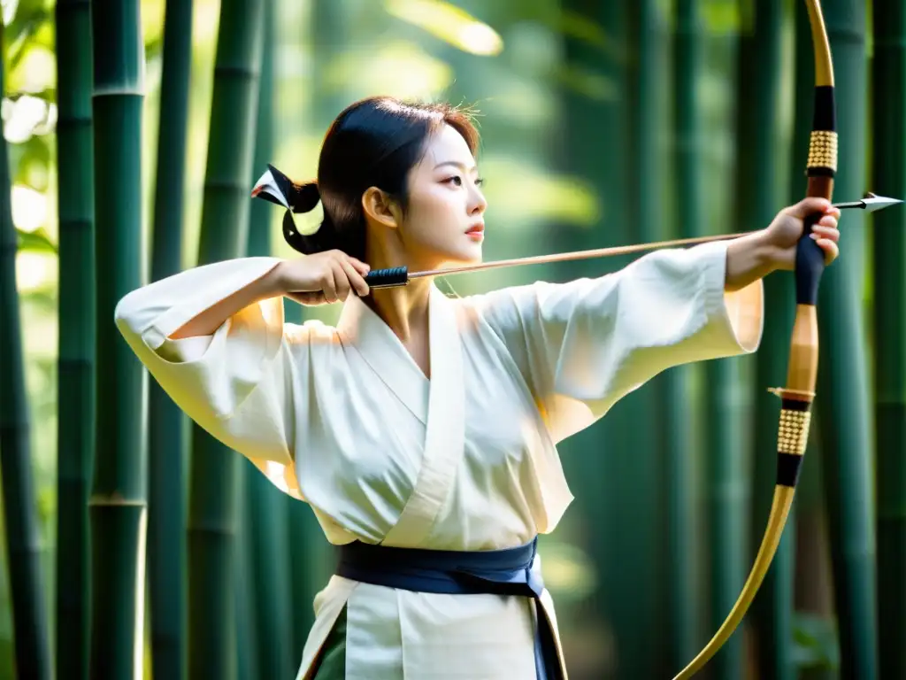 Un arquero japonés en kimono blanco se concentra en un bosque de bambú