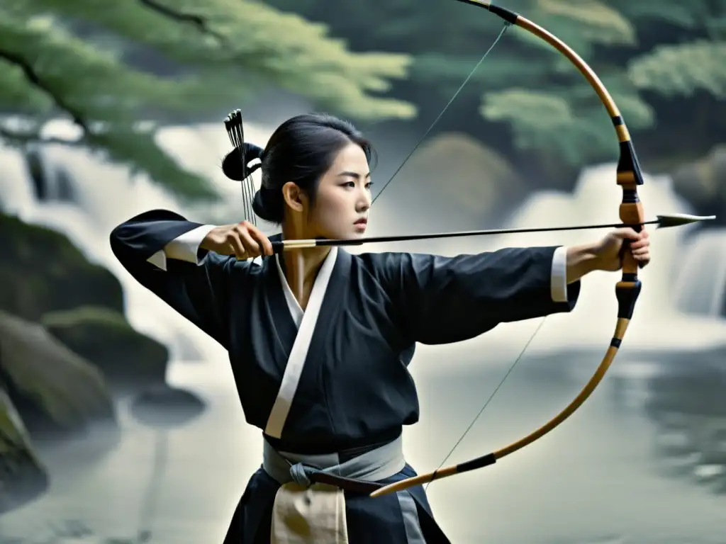 Un arquero japonés de kyudo con arco y vestimenta tradicional, en un bosque neblinoso