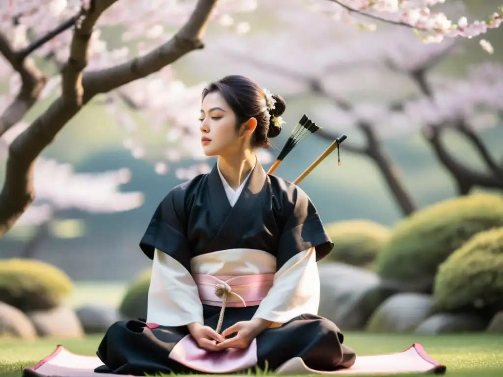 Arquero japonés meditando en jardín sereno, rodeado de cerezos en flor