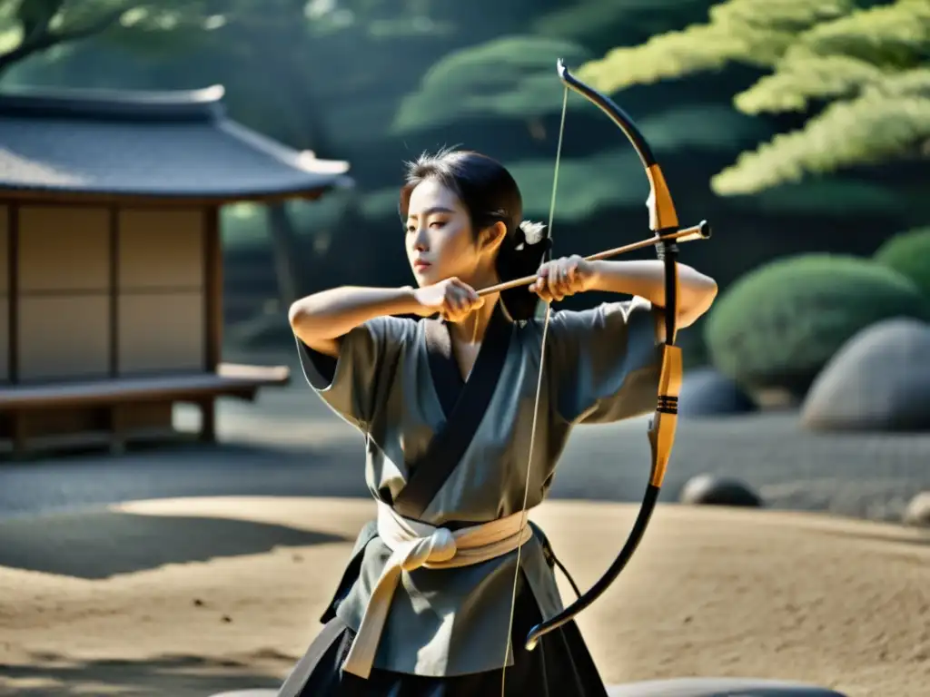 Un arquero japonés en un jardín zen practicando Kyudo, reflejando la conexión entre Zen y Kyudo