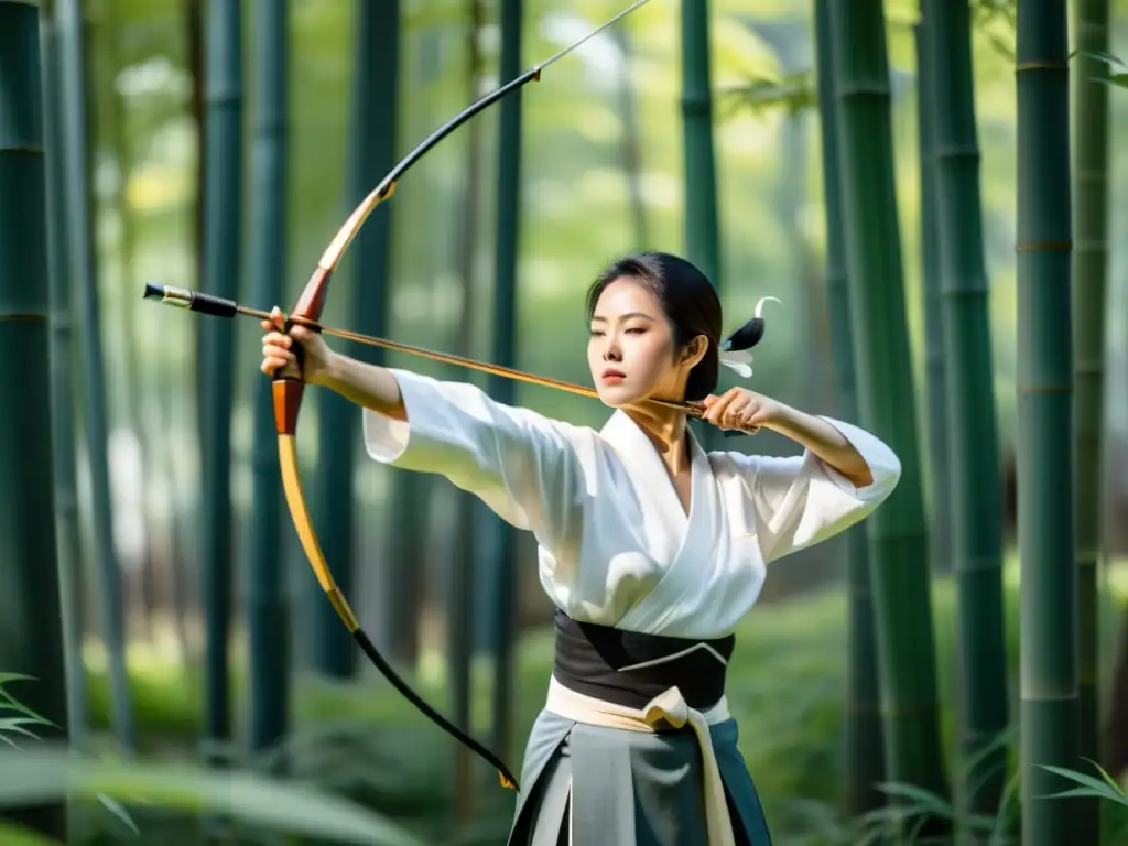 Un arquero de kyudo en un bosque de bambú, vistiendo un kimono blanco, realizando movimientos precisos y enfocados al arco