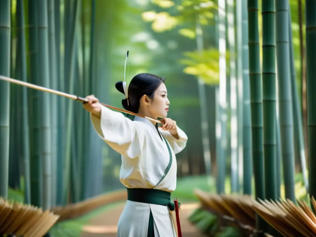 Un arquero de Kyudo en un bosque de bambú, con una conexión entre Zen y Kyudo palpable