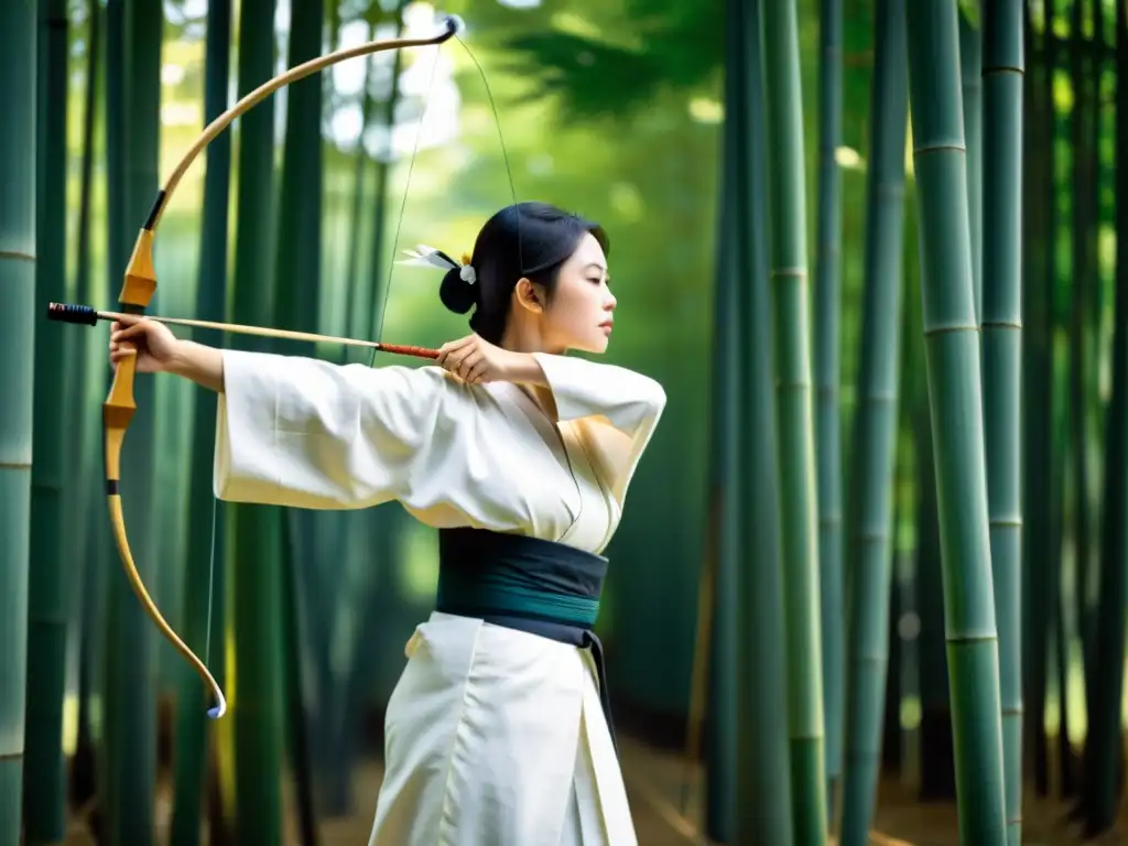 Un arquero de kyudo en un bosque de bambú, concentrado y sereno, personificando la conexión entre kyudo y la filosofía del tiro con arco