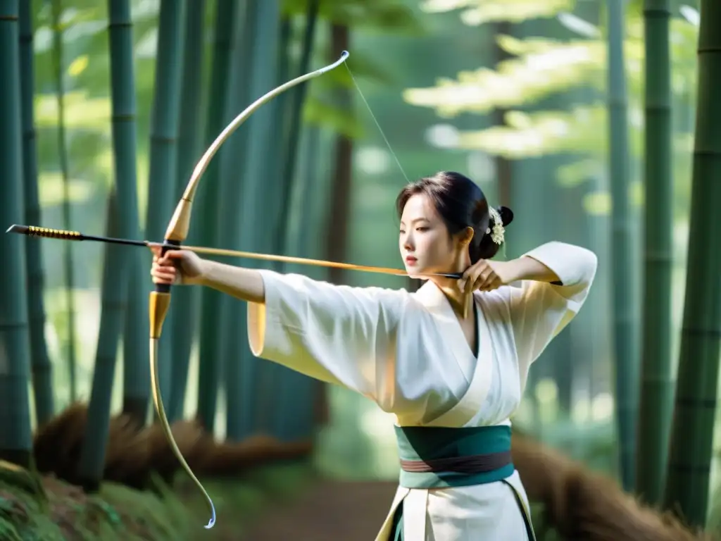 Un arquero de kyudo en un bosque de bambú, vistiendo kimono blanco, concentrado en su arco