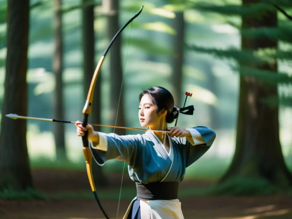 Un arquero de kyudo en un bosque tranquilo, conectando con la esencia Zen del arte