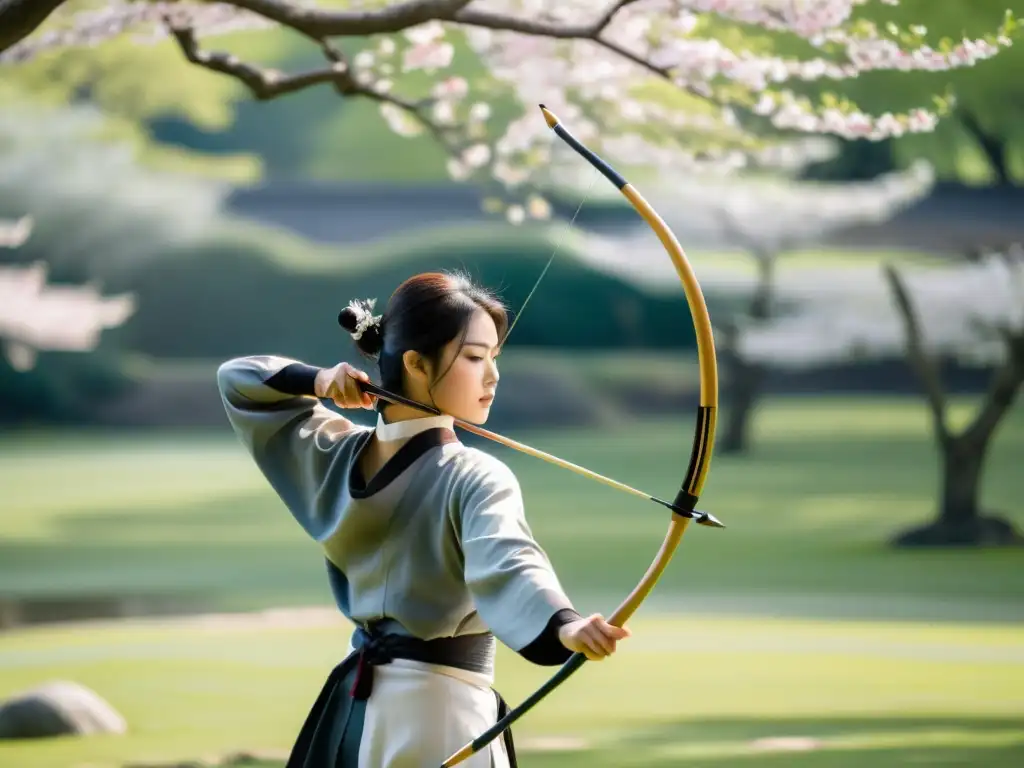 Arquero de kyudo en jardín zen con cerezos en flor