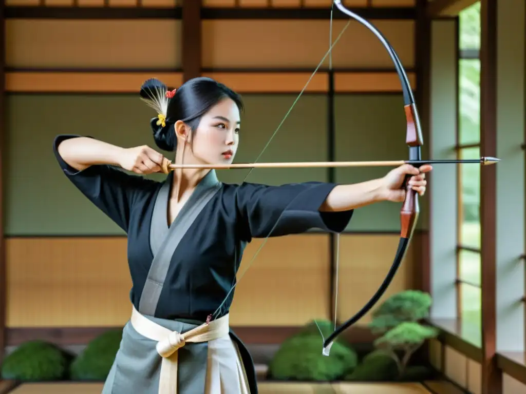 Un arquero de Kyudo en meditación, concentrado en el entrenamiento mental y físico en un dojo tradicional