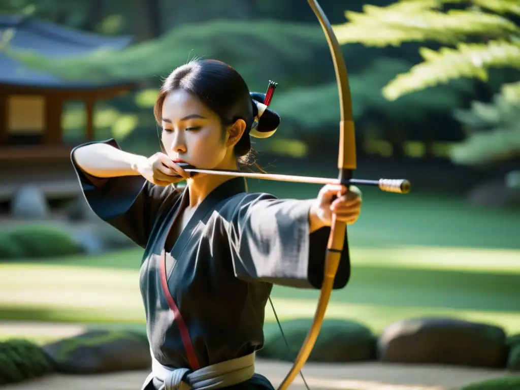 Un arquero de kyudo concentrado en un jardín japonés Zen, resaltando las conexiones entre Zen y Kyudo