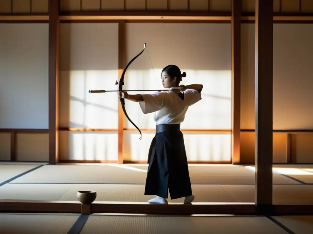 Un arquero de Kyudo en un dojo japonés, vistiendo kimono blanco, concentrado en el objetivo