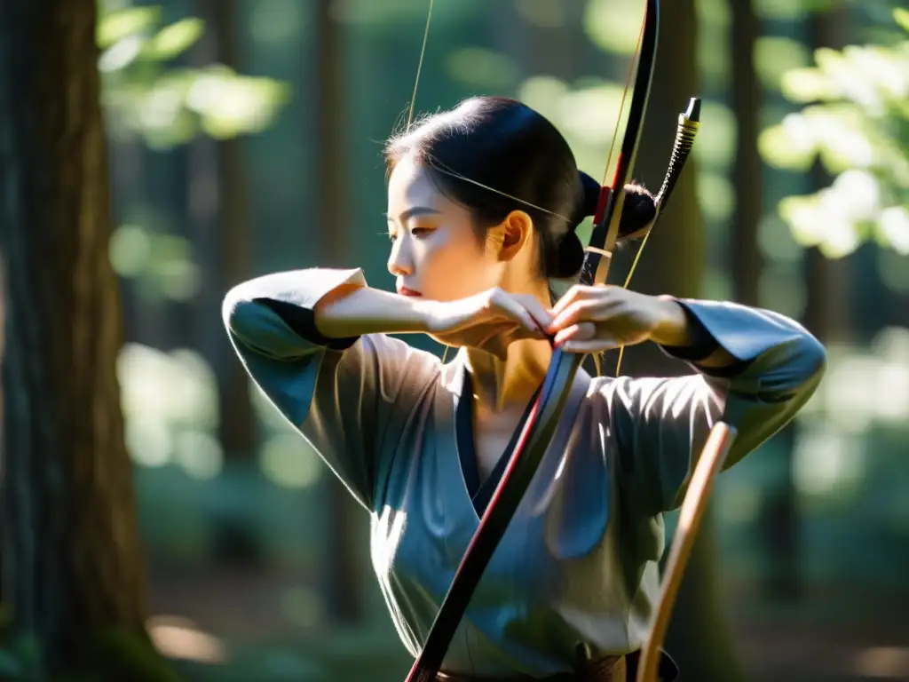 Un arquero de kyudo en un entorno sereno y boscoso, mostrando concentración y gracia al entrenar el cuerpo y la mente