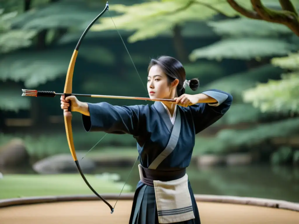 Un arquero de kyudo en un jardín japonés, con arco y flecha, reflejando la disciplina y concentración del arte, Kyudo y filosofía del tiro con arco