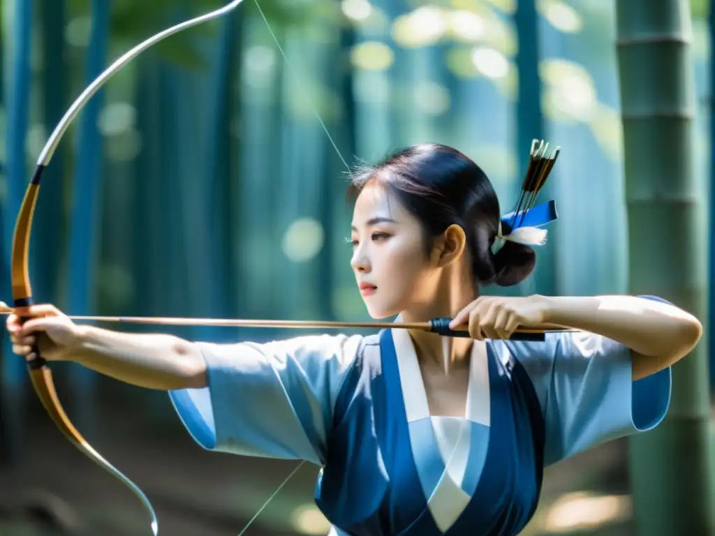 Un arquero de kyudo japonés en un bosque de bambú, mostrando precisión y concentración