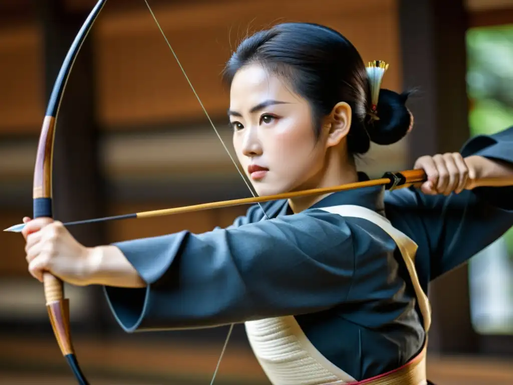 Un arquero de kyudo japonés, concentrado con arco y flecha, destaca la influencia del Kyudo en artes marciales