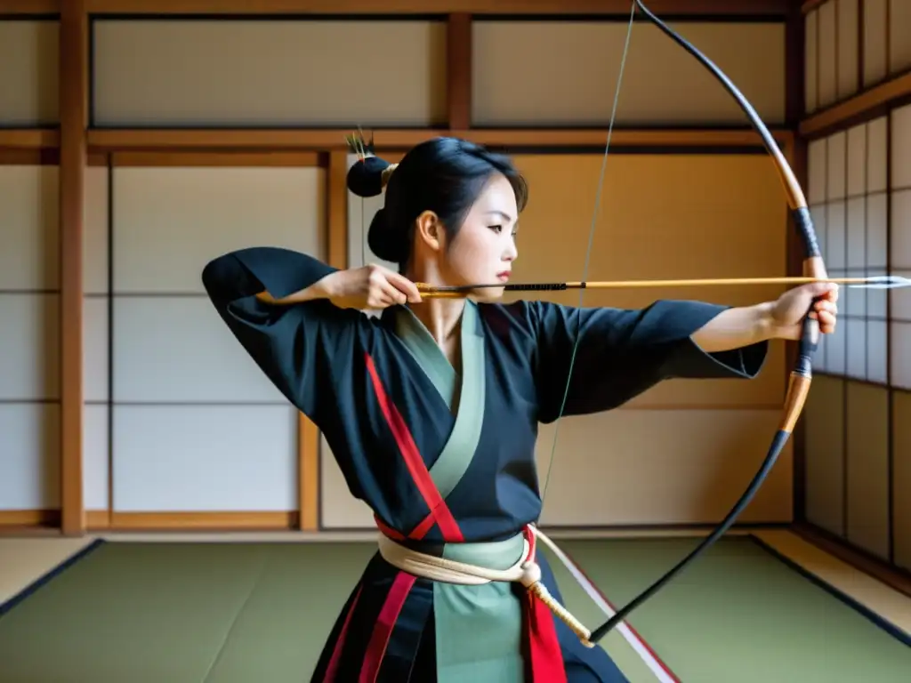 Un arquero de kyudo japonés concentrado, tensando el arco con flecha lista