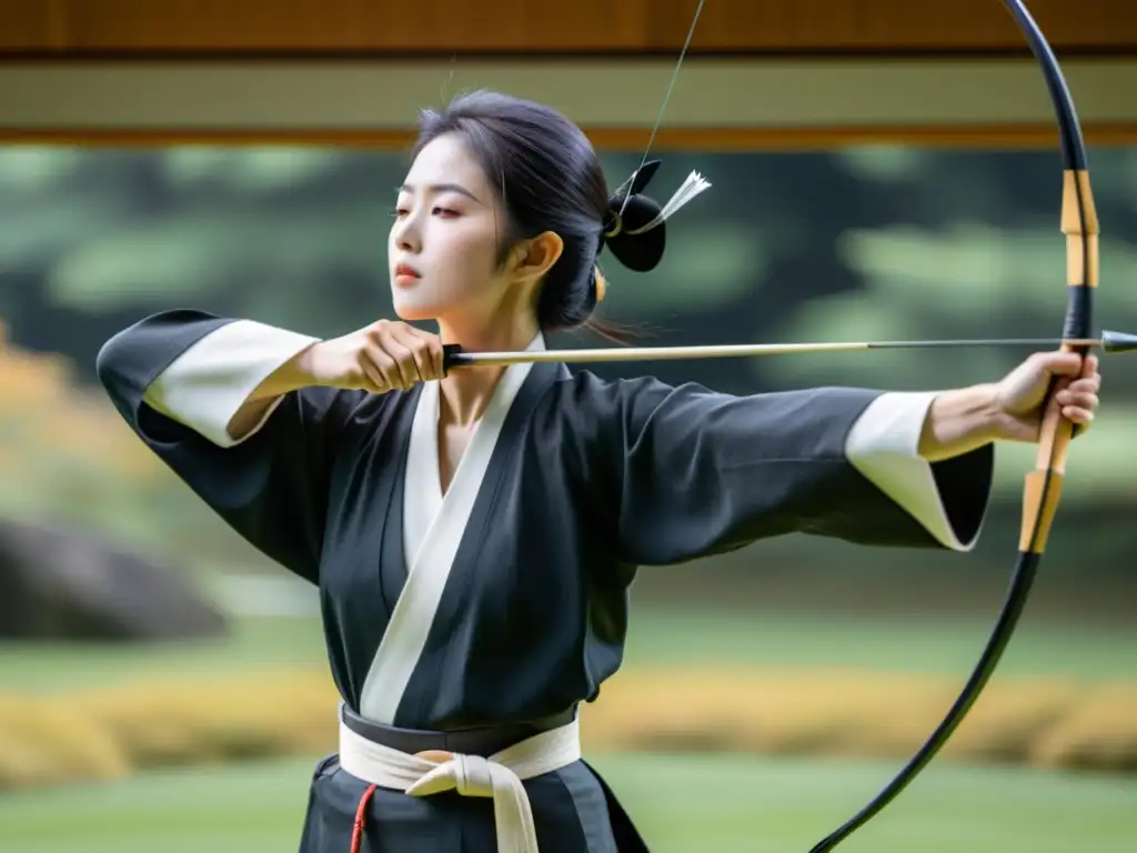 Un arquero de kyudo japonés en kimono blanco y hakama negro, concentrado y preciso, apuntando con un yumi hacia un objetivo lejano