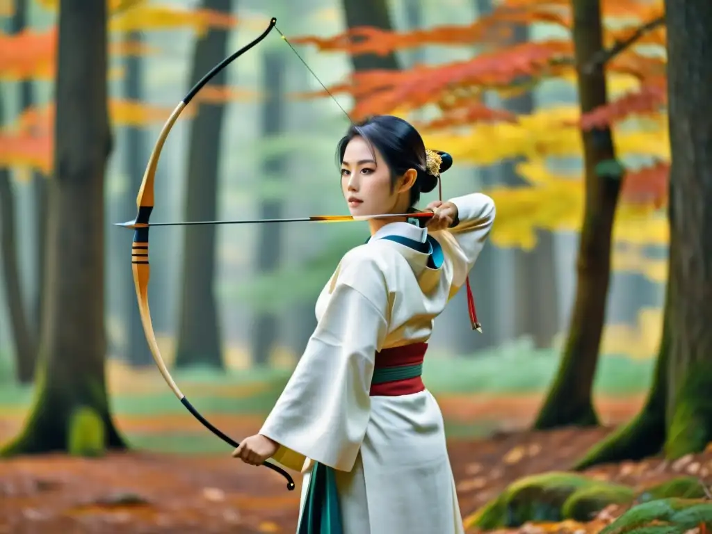 Un arquero de kyudo japonés en kimono blanco, listo para disparar una flecha en un bosque otoñal