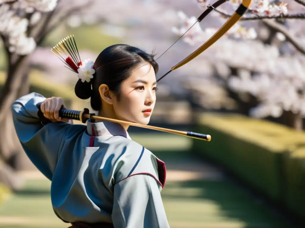 Un arquero de kyudo japonés en un patio soleado, vistiendo atuendo ceremonial y con expresión calmada