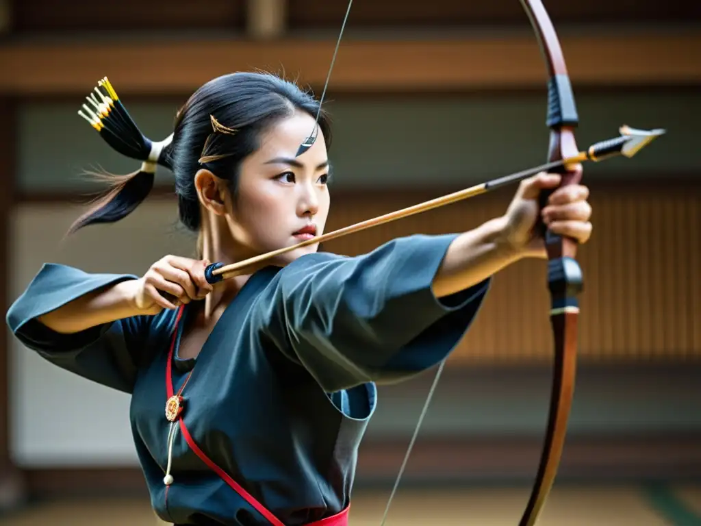 Un arquero de kyudo japonés en plena concentración, con arco y flecha en vuelo