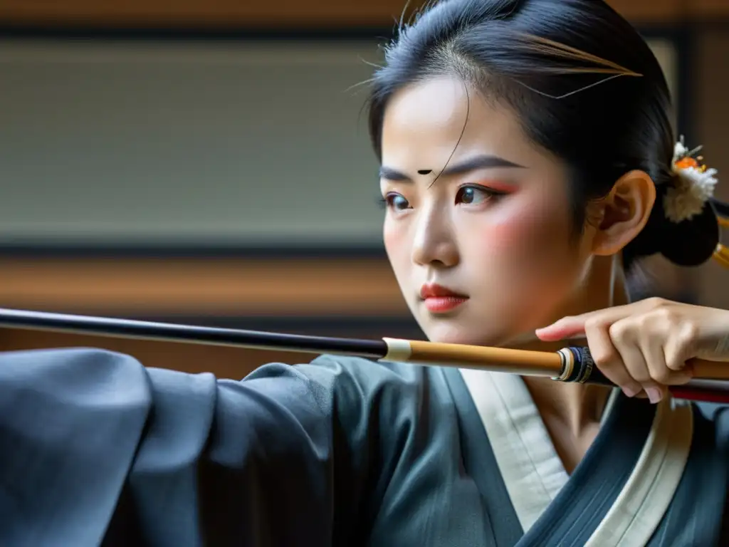 Un arquero kyudo japonés en plena concentración, vistiendo un kimono tradicional, tensando el arco y mostrando disciplina en un dojo japonés