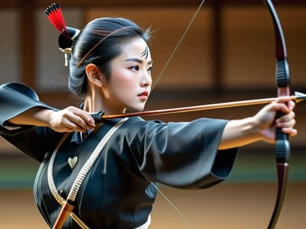 Un arquero de Kyudo japonés en plena concentración, con su arco y flecha listos para ser liberados, en un entorno natural sereno