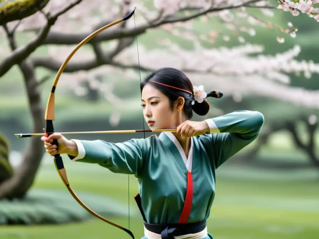 Un arquero de kyudo japonés en un jardín sereno con árboles de cerezo en flor