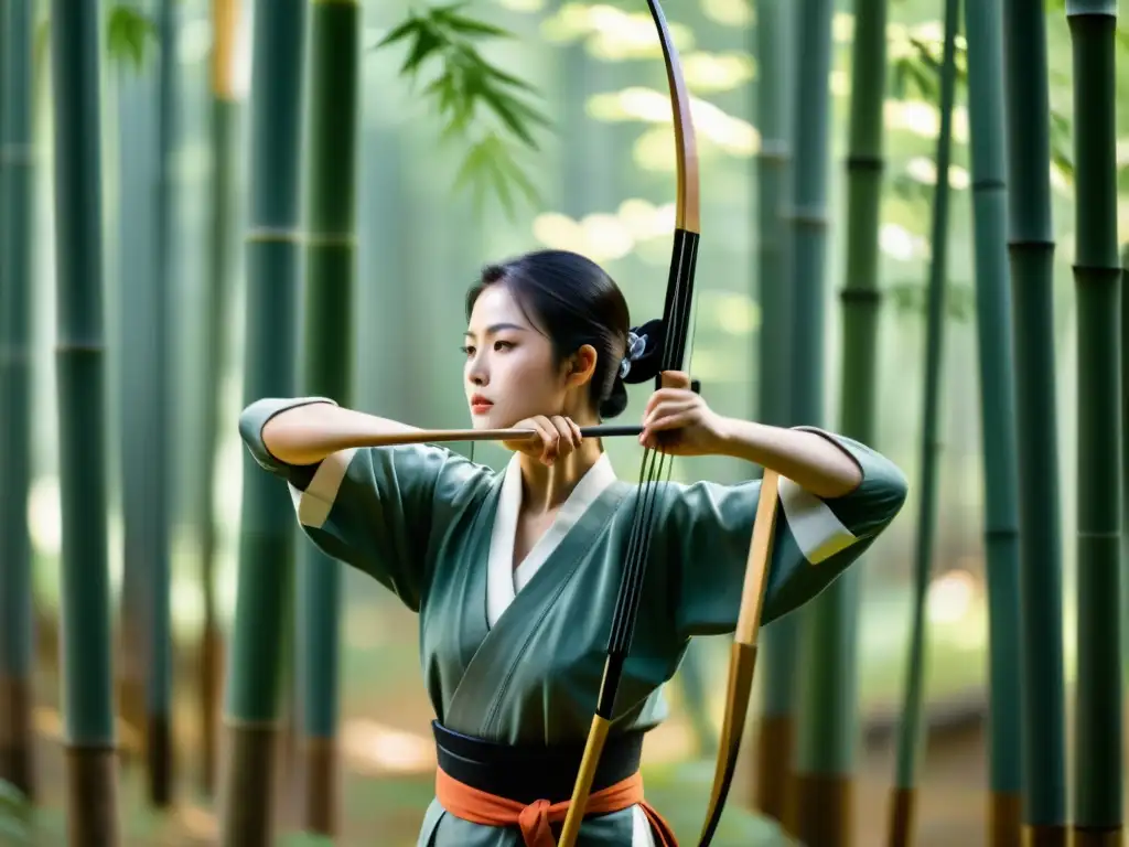 Un arquero de kyudo japonés practica técnicas de respiración samurái en un bosque de bambú, mostrando concentración y calma