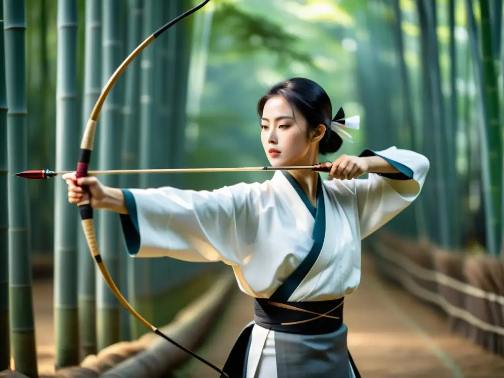 Un arquero de Kyudo con kimono blanco y hakama, se concentra en un bosque de bambú