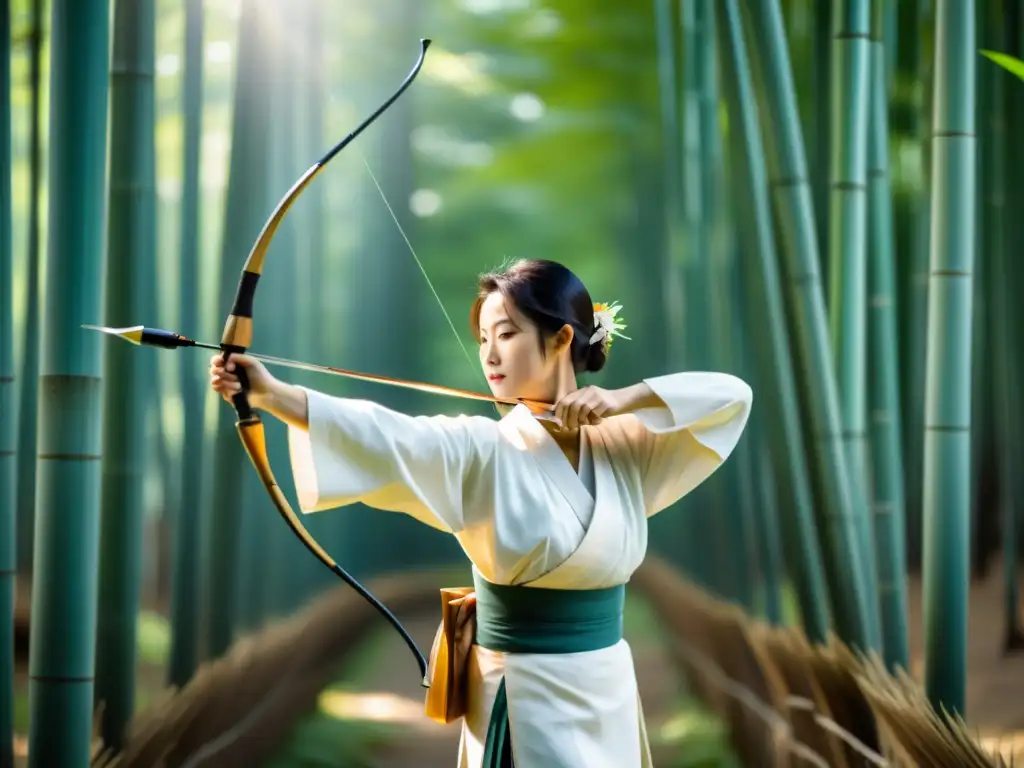 Un arquero de kyudo con kimono blanco se concentra en un bosque de bambú