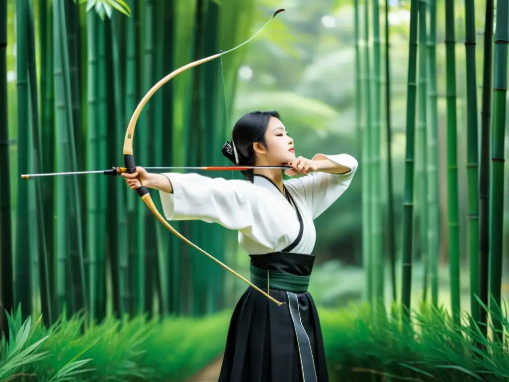 Un arquero de Kyudo en kimono blanco y hakama negro, en un bosque de bambú