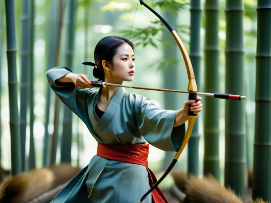 Un arquero de Kyudo con kimono tradicional concentra su precisión en un bosque de bambú