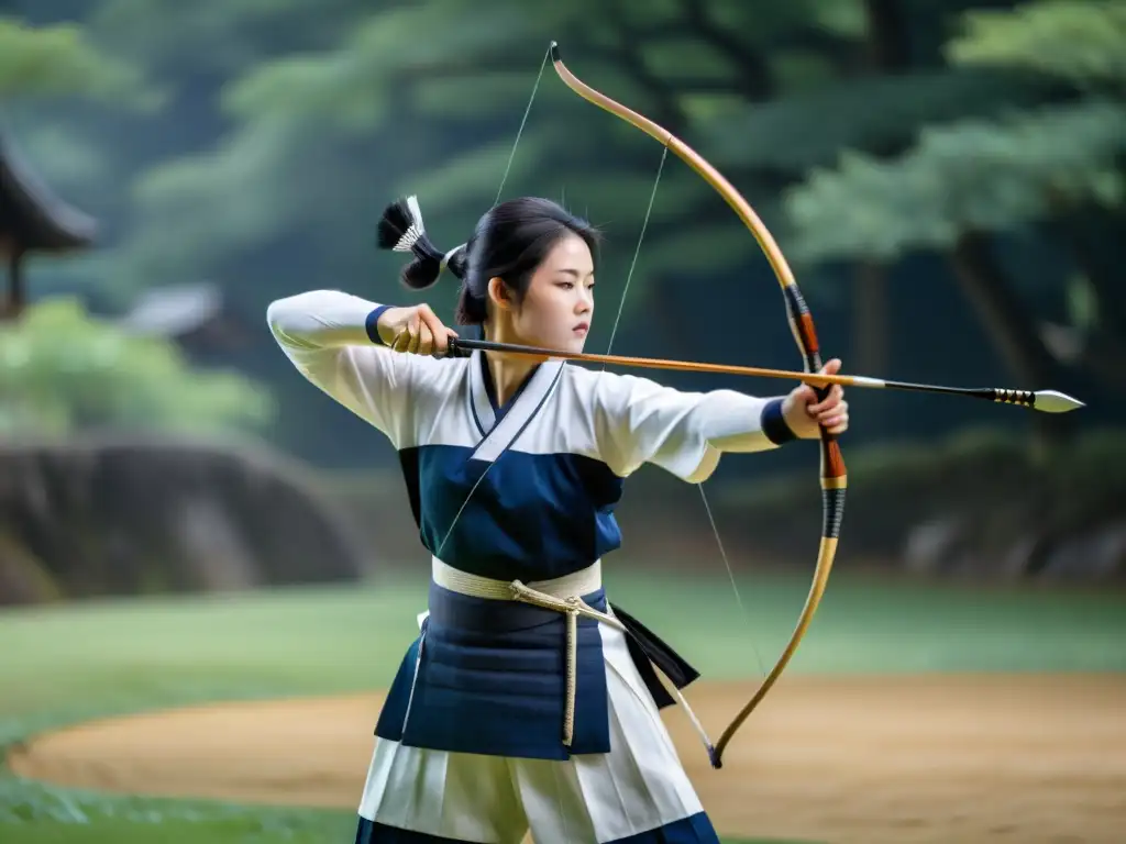 Un arquero de Kyudo en perfecta postura y etiqueta, con uniforme blanco y azul, sostiene el arco con precisión en un dojo japonés tradicional