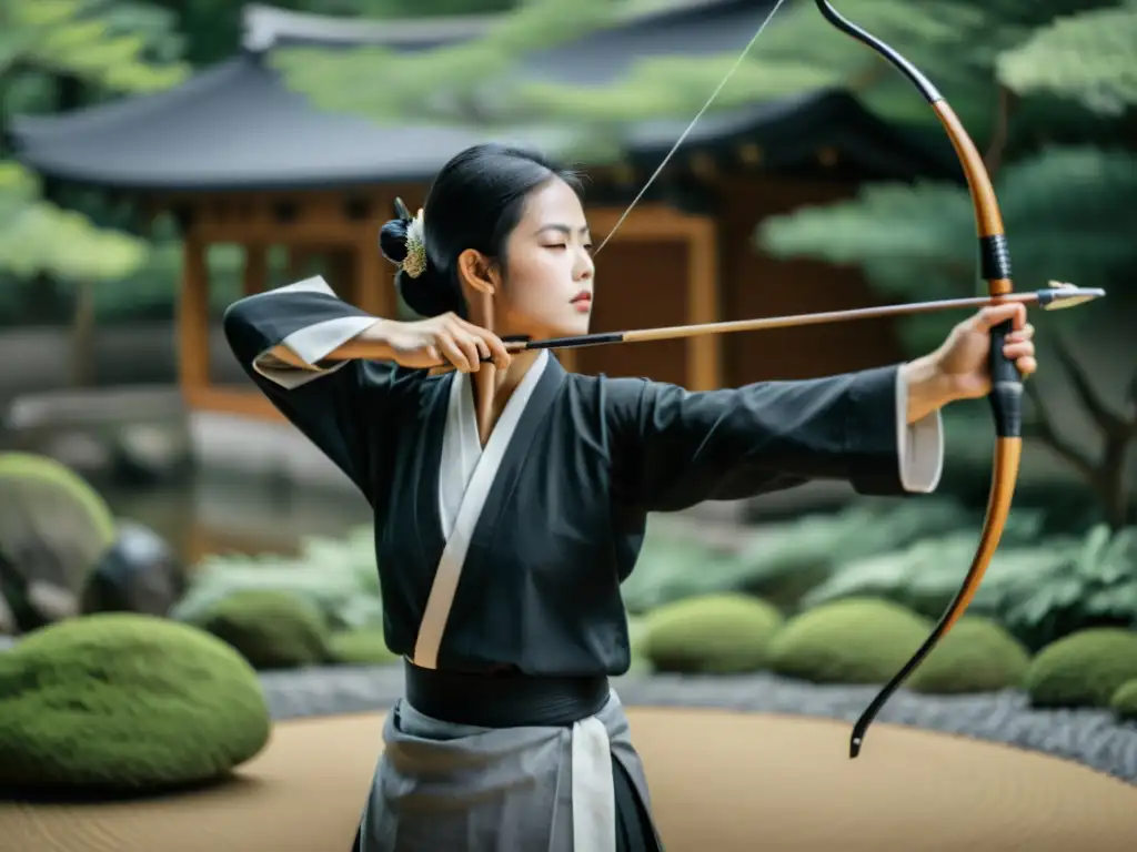 Un arquero de kyudo en pose meditativa, rodeado de un jardín zen, refleja las conexiones entre Zen y Kyudo