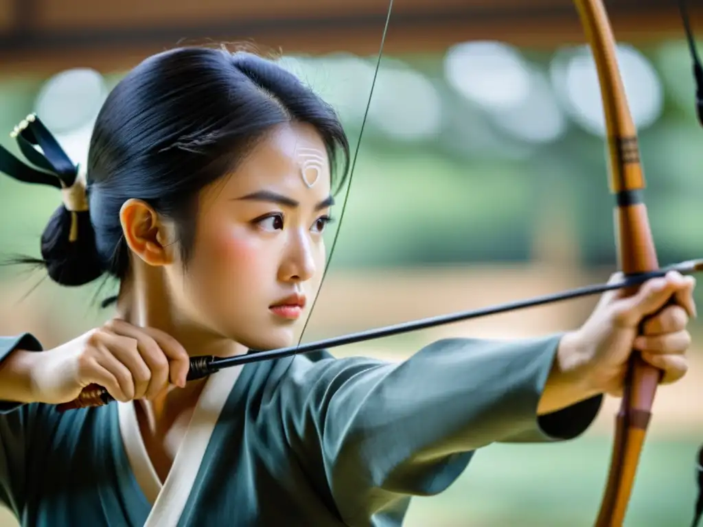 Arquero de kyudo en concentración, prácticas samuráis para concentración mental