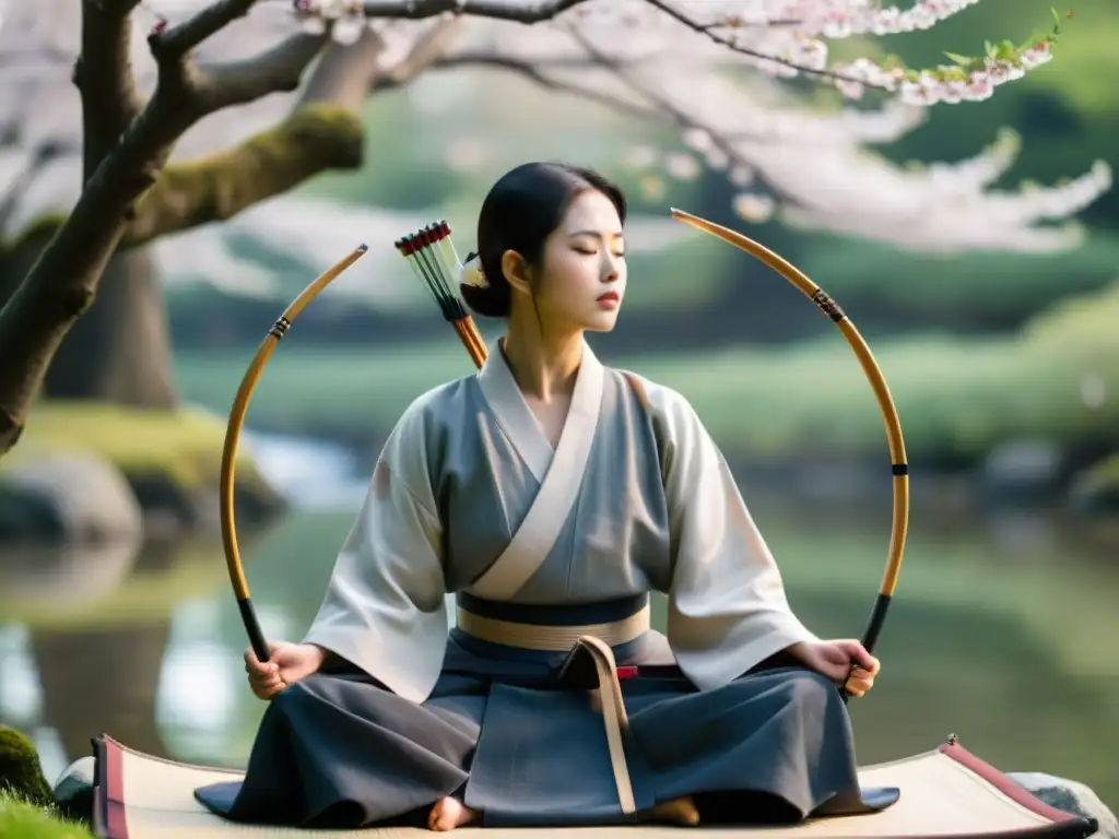 Un arquero de Kyudo en meditación, rodeado de naturaleza serena y árboles de cerezo