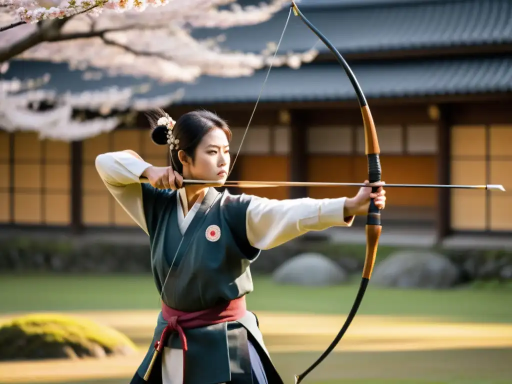 Un arquero kyudo samurái, concentrado, en un escenario sereno con cerezos en flor