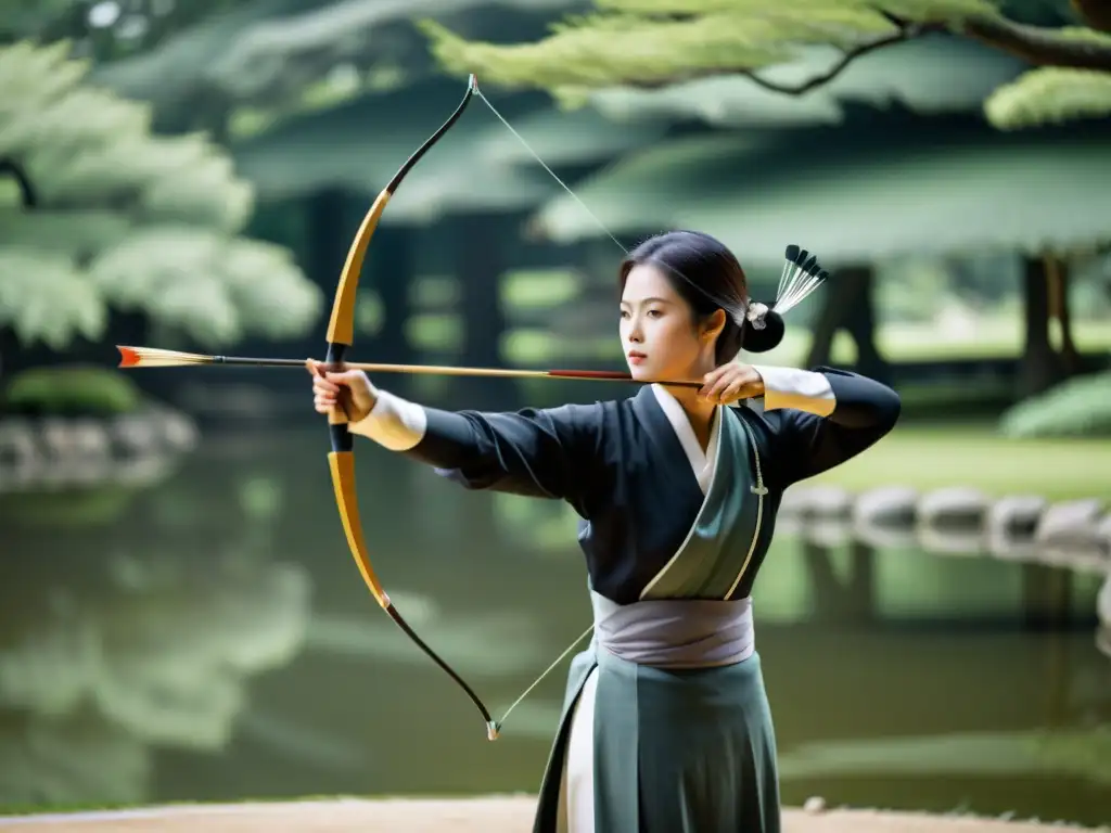 Un arquero de Kyudo en traje tradicional, concentrado en su postura y etiqueta en Kyudo, en un sereno jardín japonés