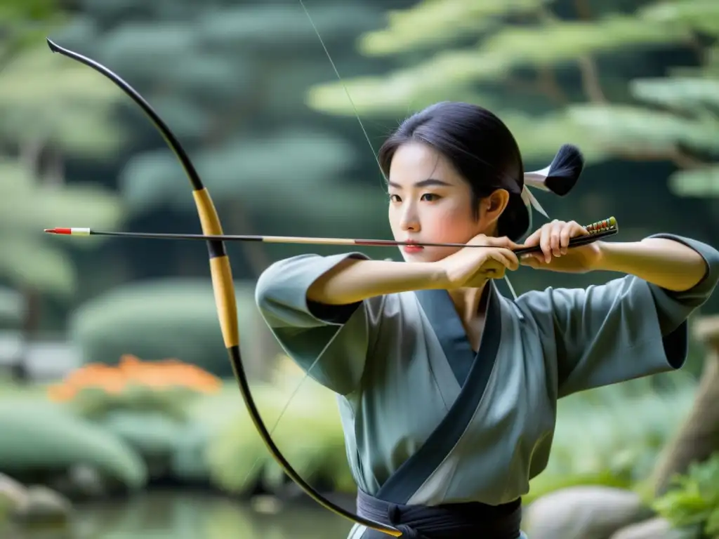 Un arquero de kyudo concentra su mirada al tensar la cuerda del arco, inmerso en un jardín japonés sereno