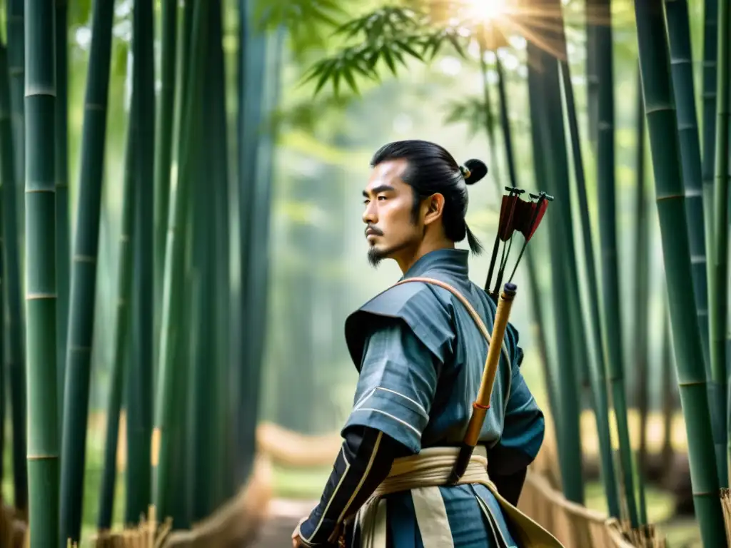 Un arquero samurái meditando en un bosque de bambú, reflejando la importancia de la meditación en Kyudo