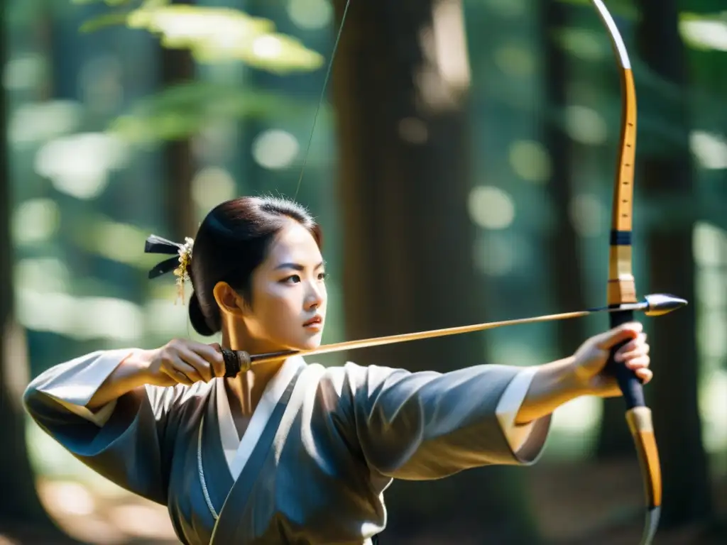 Un arquero de Kyudo samurái en el bosque, listo para disparar con intensa concentración