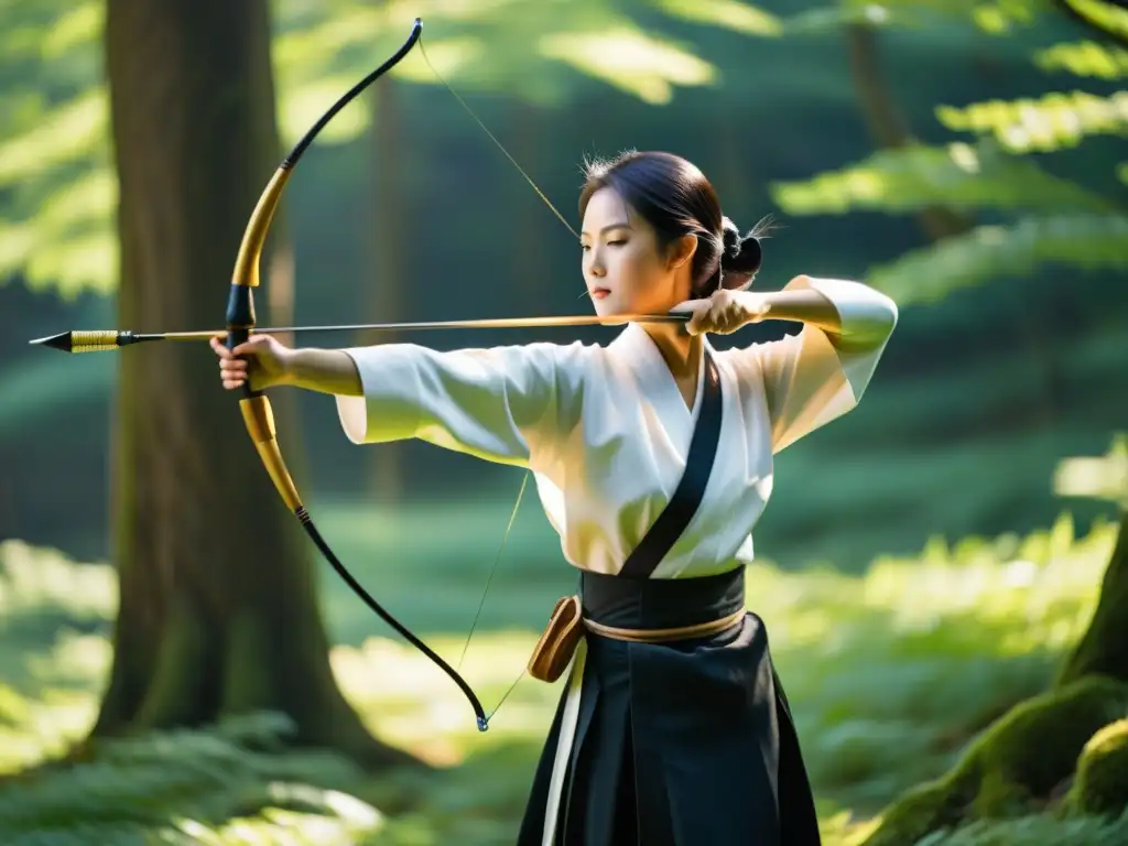 Un arquero samurái practica kyudo en un claro del bosque, mostrando conexión con la naturaleza