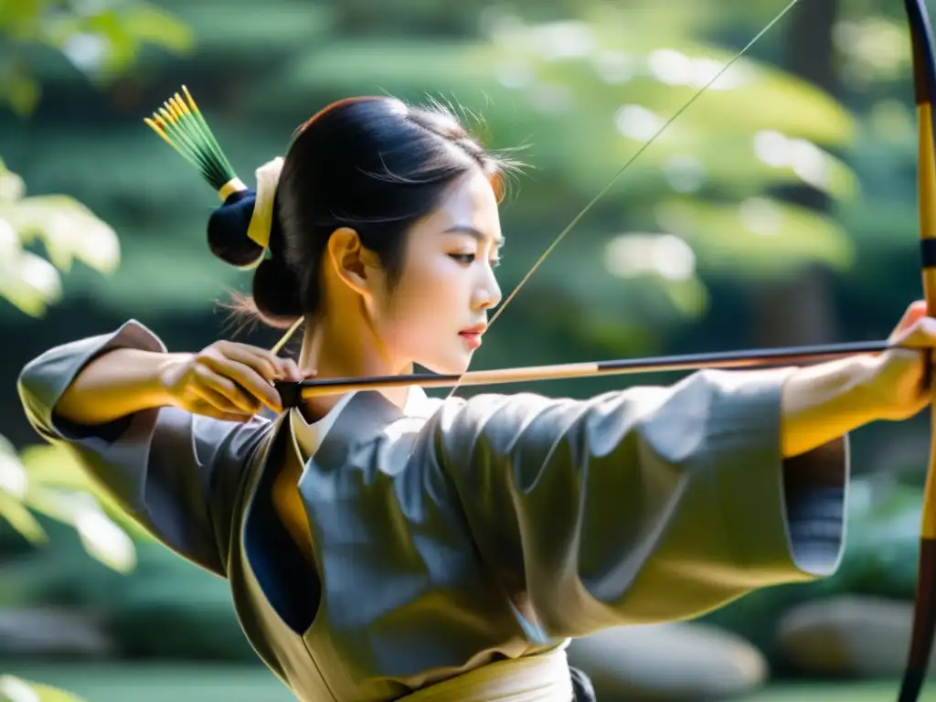 Un arquero de kyudo samurái, concentrado, dibuja el arco en un jardín japonés