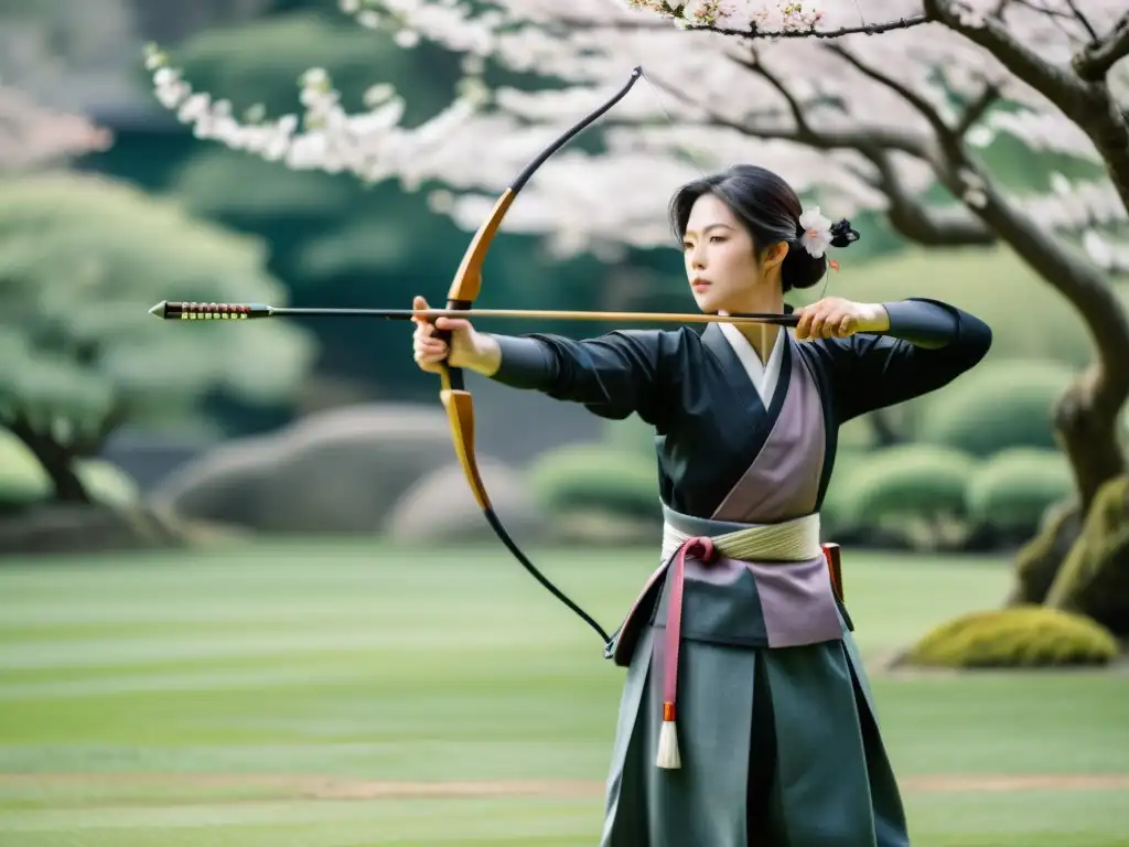 Un arquero de kyudo samurái, concentrado en el jardín, captura la filosofía del Kyudo samurái con su arco y kimono