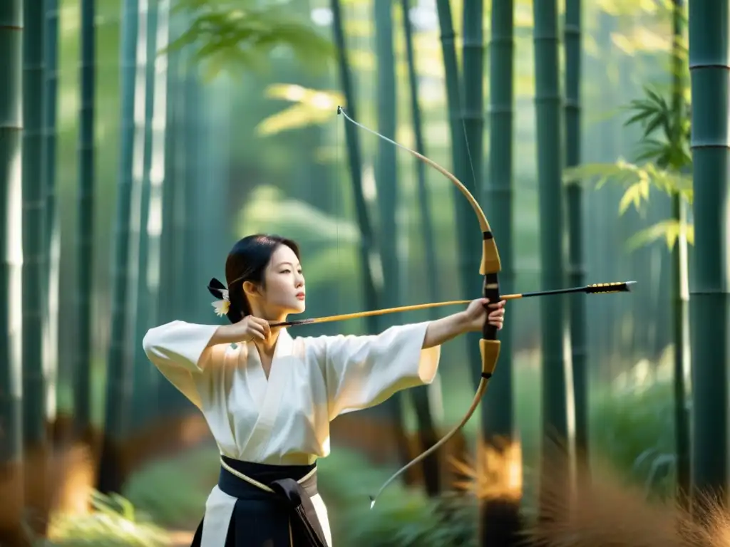 Un arquero samurái en kimono blanco y hakama negro se concentra en su yumi en un bosque de bambú