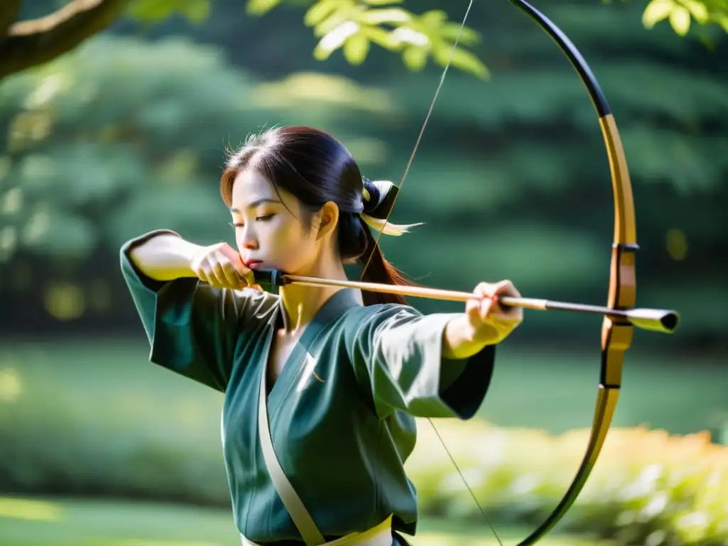 Arquero samurái de kyudo en un jardín tranquilo, mostrando precisión y concentración