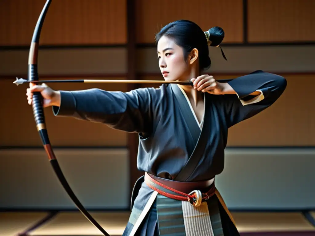 Un arquero samurái legendario en postura de tiro con arco, irradiando maestría y tradición en la práctica de kyudo, capturando historias inspiradoras arqueros samurái legendarios