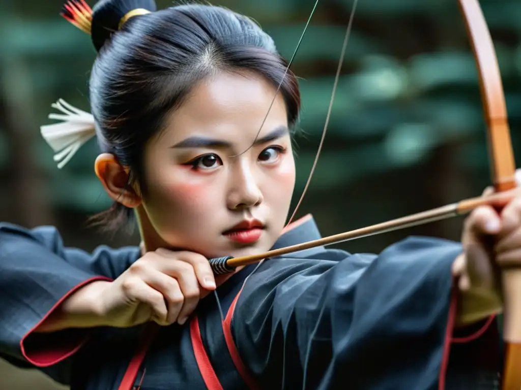 Un arquero de Kyudo muestra concentración y serenidad en un dojo, destacando los rituales espirituales de arquería samurái