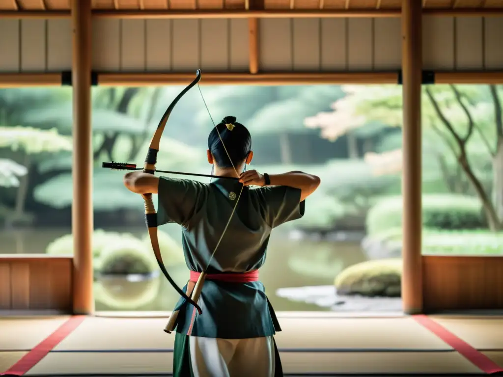 Un arquero solitario en meditación, rodeado de la serena belleza natural de un dojo japonés, refleja el desarrollo personal a través de Kyudo