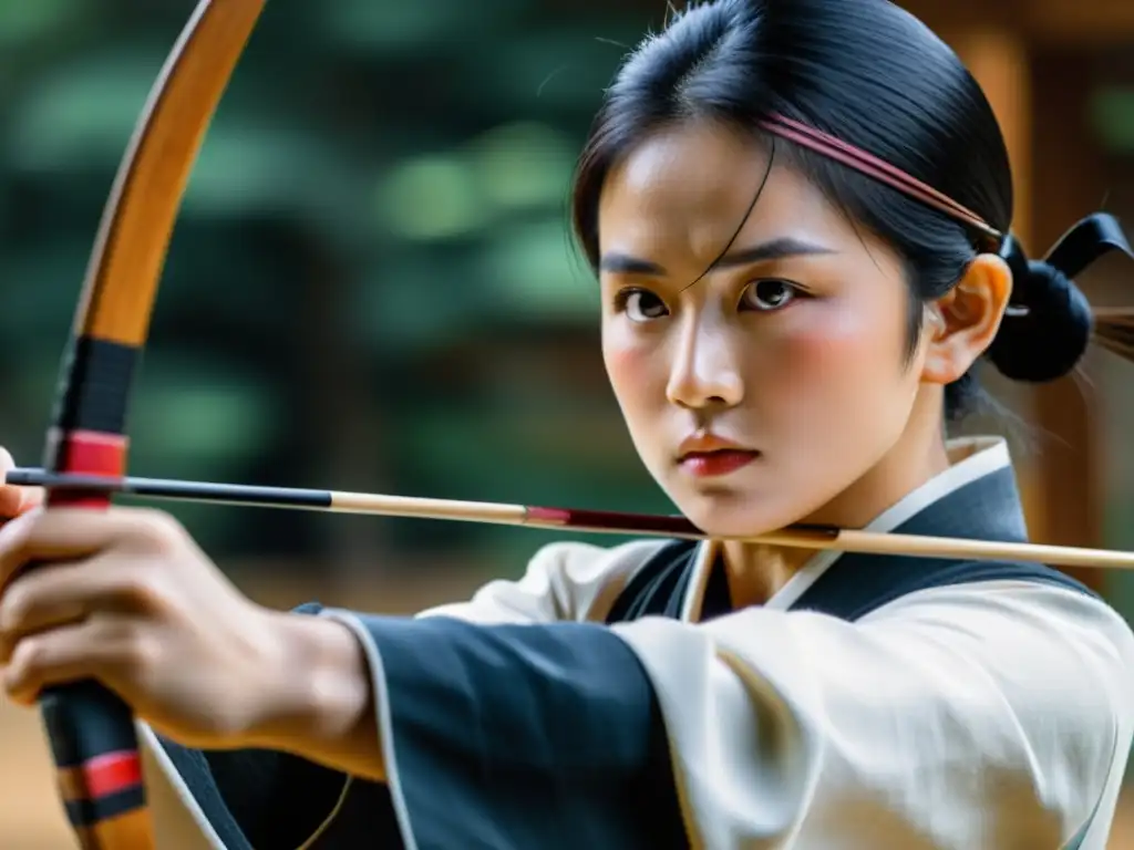 Un arquero de Kyudo concentra intensamente en su tiro, en un jardín japonés sereno