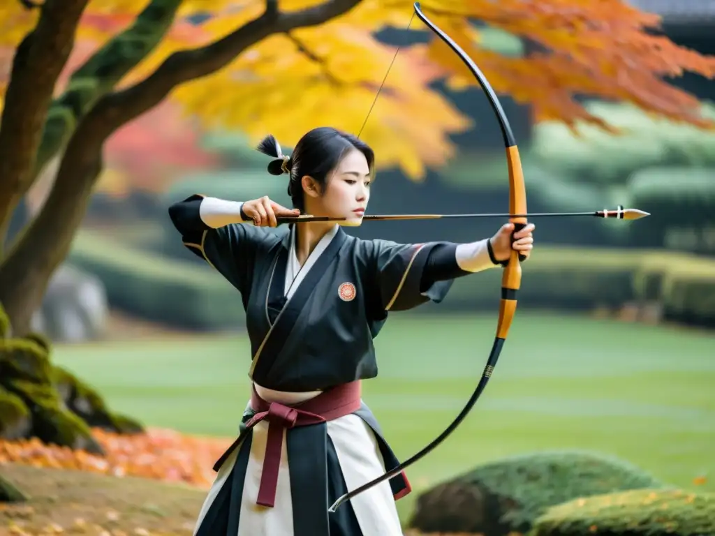 Un arquero tradicional japonés en pose meditativa con un arco samurái, rodeado de un jardín japonés sereno